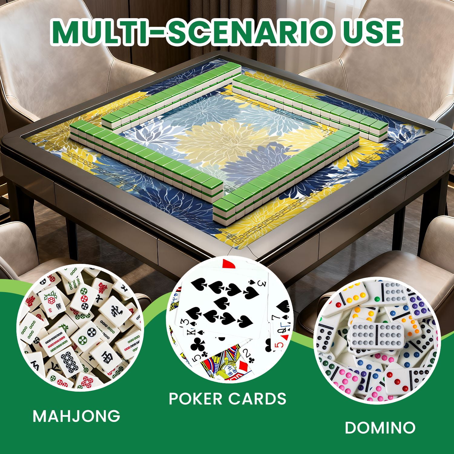 Mahjong Mat 31.5" x 31.5" Spring floral seamless Blue yellow navy Chrysanthemum Non-Slip Noise Reduction American Mahjong Tiles Table Cover for Dominoes Poker Card Board Games Gift