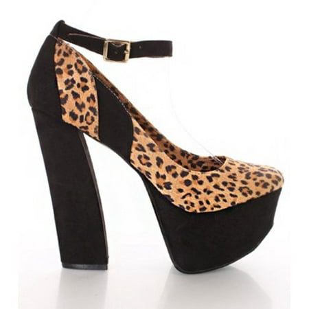 - Leopard Colorblock Anklet Chunky Platform Heels Womens