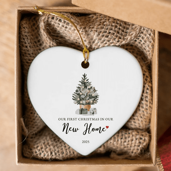 Heart-shaped gift,Our First Christmas in Our New Home Ornament 2025,Housewarming Gifts for New House, Ceramic Keepsake New Home Christmas Ornaments with Ribbon