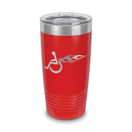 

Left Facing Wheelchair with Flames Tumbler 20 oz - Laser Engraved w/ Clear Lid - Stainless Steel - Vacuum Insulated - Double Walled - Travel Mug - handicap hot rod hotrod disabled - Red