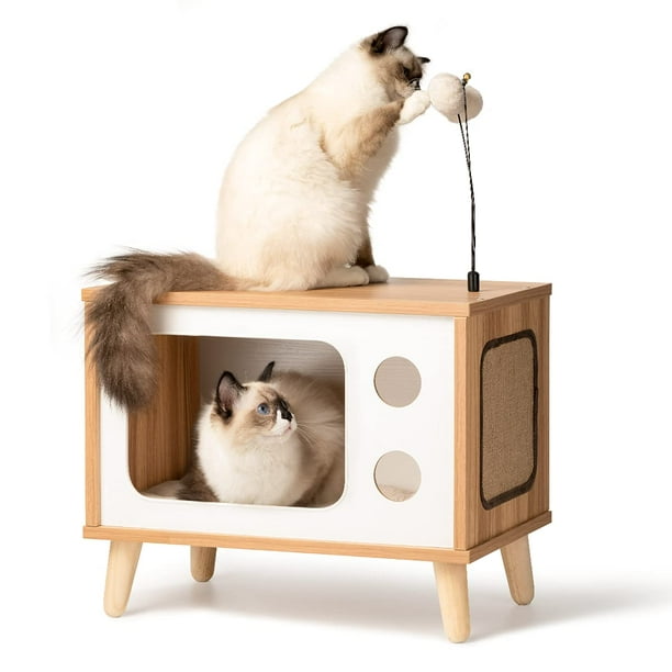 Mewoofun Cat House Wooden Cat Condo Cat Bed Indoor TV-Shaped Sturdy Large Luxury Cat Shelter Furniture with Cushion Cat Scratcher Bell Ball Toys - Mewoofun Cat House Wooden Cat Condo Cat Bed Indoor TV-Shaped Sturdy Large Luxury Cat Shelter Furniture with Cushion Cat Scratcher Bell Ball Toys -