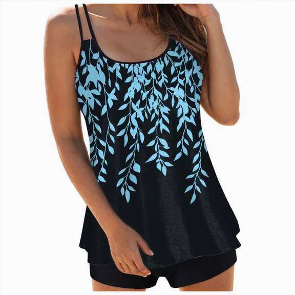 HCNTES Women Two Piece Tankini Swimsuit Modest Bathing Suit Mesh Flowy Swim Top with Tummy Control Boy Shorts(XXL,a94-Sky Blue)