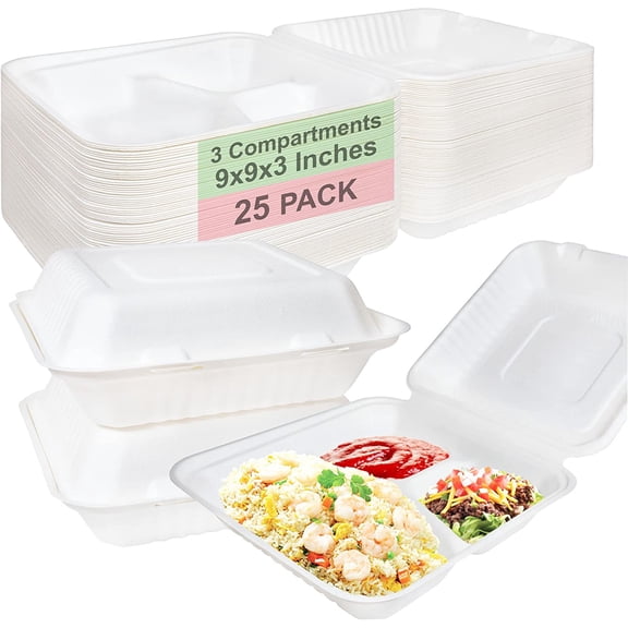 Compostable 3 Compartment Square Hinged Clamshell Take Out Food Containers 9x9x3 - Heavy Duty Quality Disposable to go Containers, Eco-Friendly , Bagasse Fiber Containers with Lids (35)