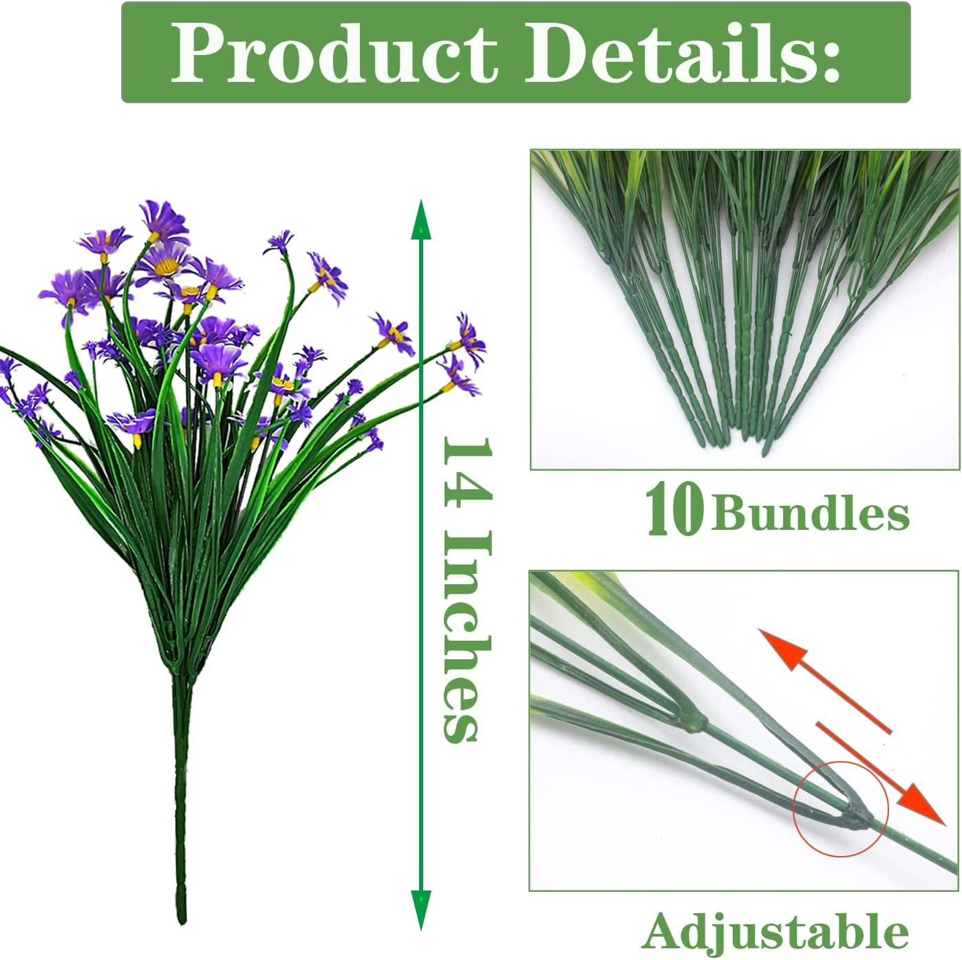 Viworld 10 Bundles Outdoor Artificial Daisy Fake Flowers UV Resistant Plants, Faux Plastic Greenery for Indoor Hanging Plants Garden Porch Window Box Home Wedding Farmhouse Decor (Purple)