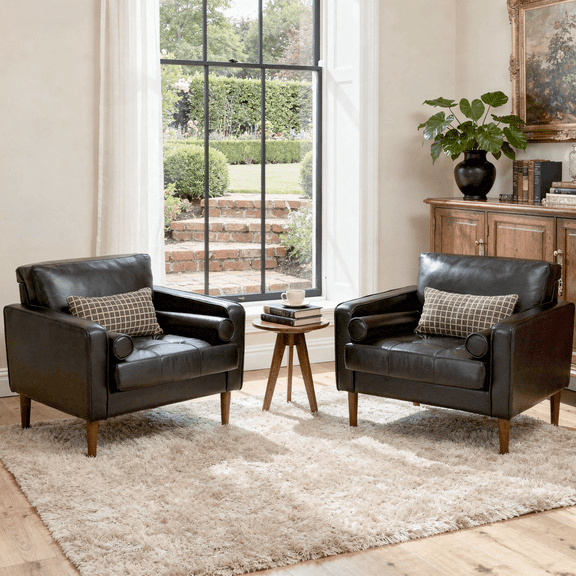 DREAMSIDEA PU Leather Accent Chairs Set of 2,Comfy Armchair Reading Chair with Pillows for Living Room Bedroom Reading Room,Black