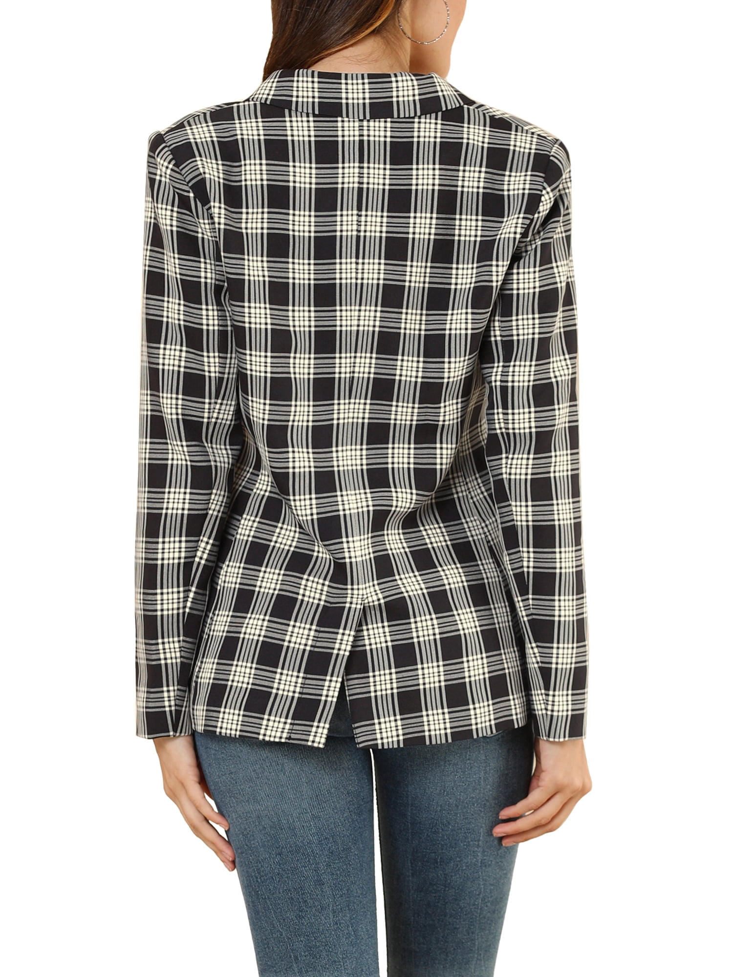DARING DIVA Women's Plaid Notched Lapel Blazer Jacket M Black