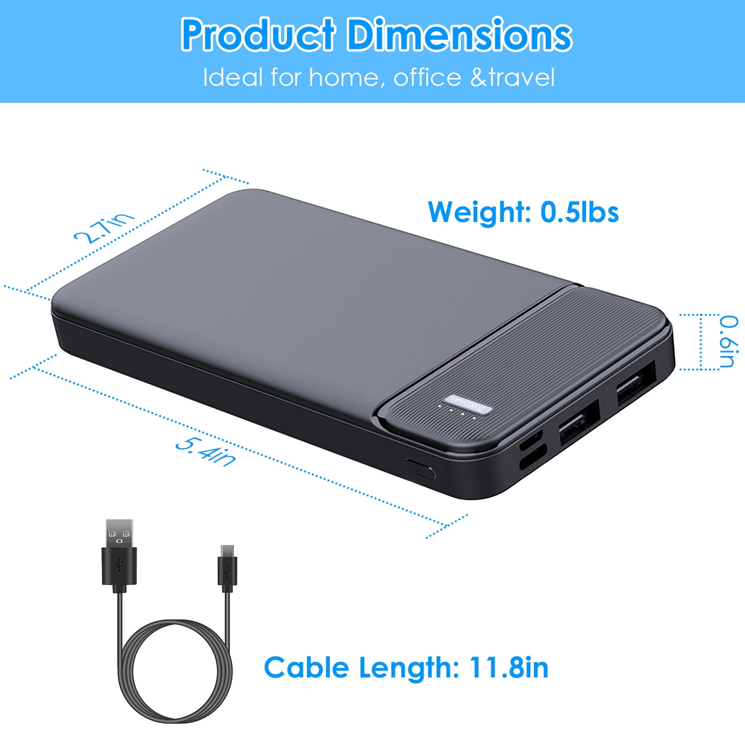 20000mAh PowerCore Portable Phone Charger with USB Cable Fit For IOSPhone 13/12 Samsung Galaxy S21, Black