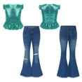 thumbnail image 5 of dPois Kids Girls Clothes Sequins Mermaid Flutter Sleeve Shirt Top with Flare Leg Jeans Pants Set 2Pcs Lake Green 16, 5 of 6