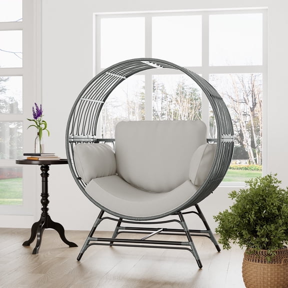 Wicker Round Egg Chair, Oversized Indoor Outdoor Lounger for Patio Living Room, w/ 4 Cushions, Steel Frame, 330lbs Capacity(GR-LR)