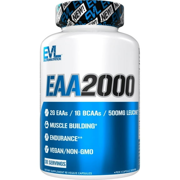 Evlution Nutrition EAA2000 - Pre & Post Workout Capsules - Muscle Building   Recovery Supplement - 2g Essential Amino Acids   1g BCAAs - Endurance   Energy Support - 30 Servings