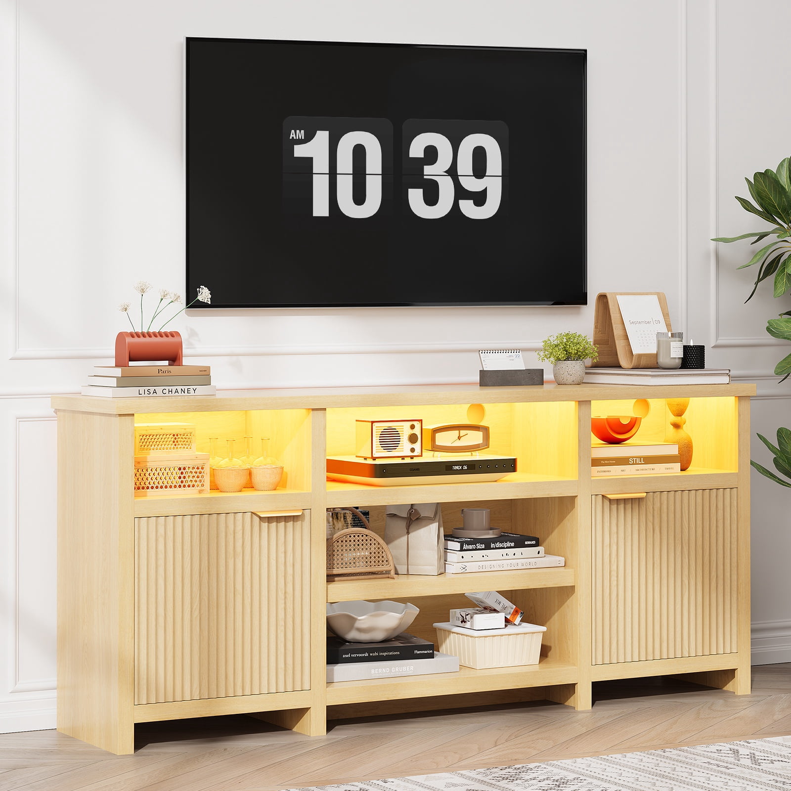 Farmhouse LED TV Stand for 80-inch TVs, Wooden Highboy TV Cabinet Media Console Entertainment Center with Storage for Living Room, Oak