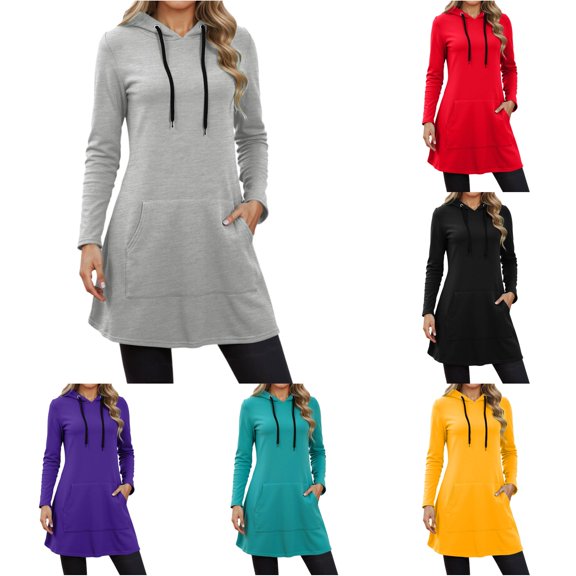 CAIVO Hoodies For Women Sweatshirts Casual Long Sleeve Pocket Hoodie Dress Fall Winter Solid Color Athletic Tops