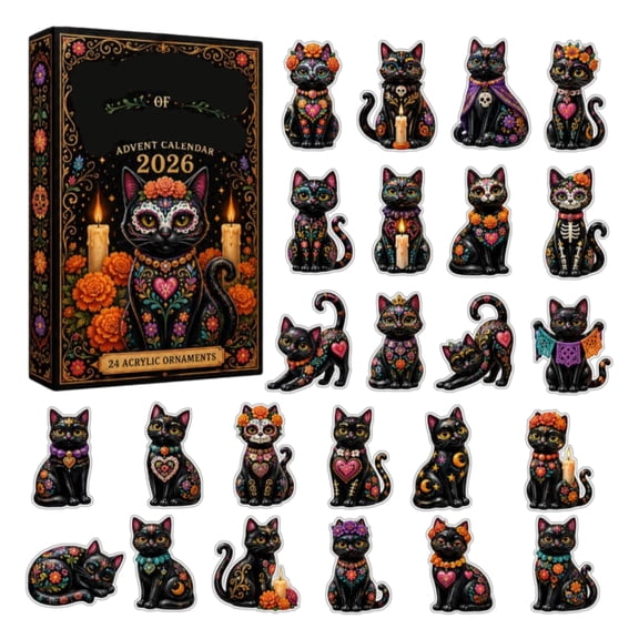 2026 Day of the Dead Black Cat Advent Calendar, 24 Days Holiday Countdown Sugar Skull Floral Black Cat 2D Acrylic Ornaments, Collectible Surprise Gift Box Stocking Stuffer for Cat Lovers
