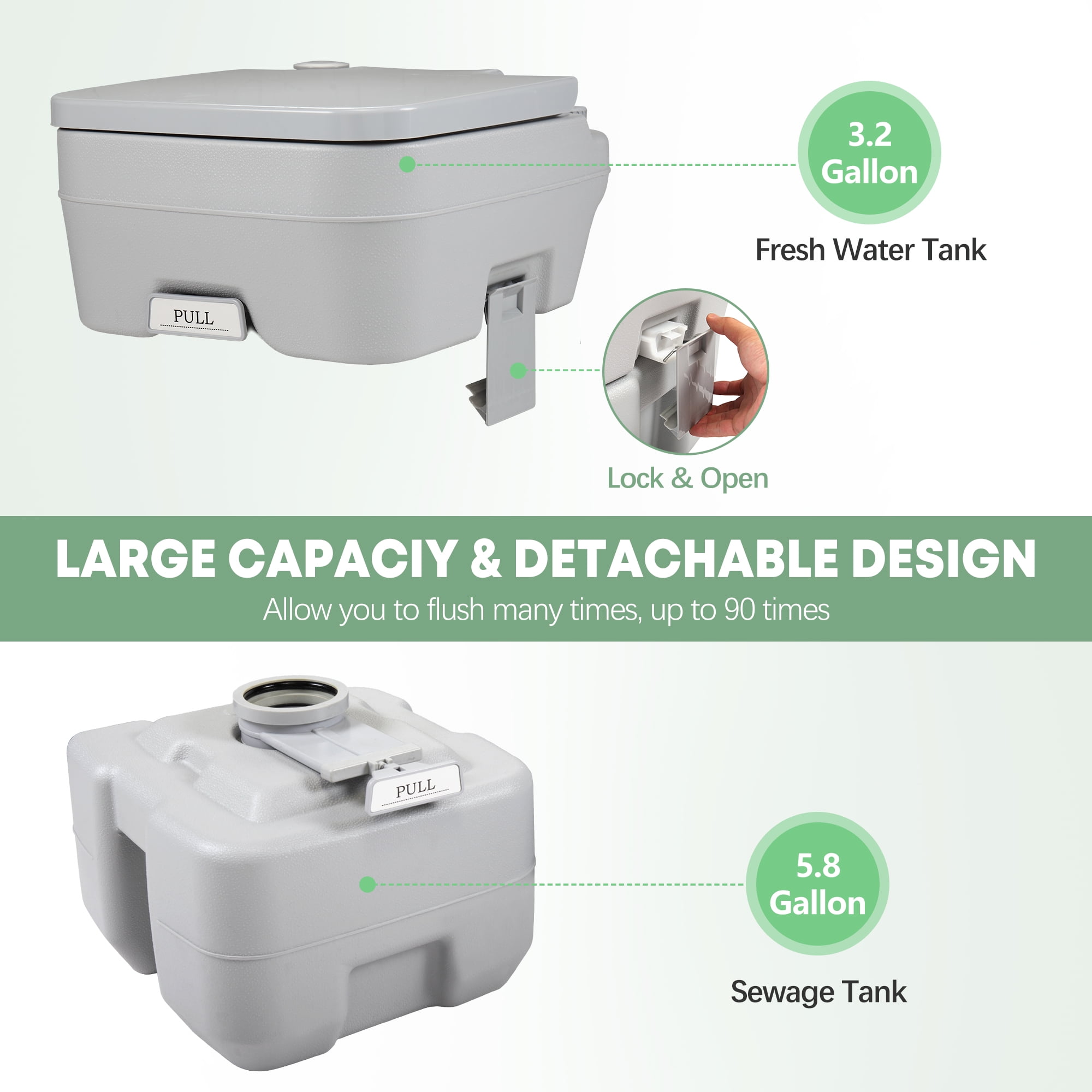 JAXPETY Portable Push-rod Toilet, 20L/5.28 Gallon Outdoor Commode with Detachable Tank for Camping, Boating, Hiking and Traveling, Cold Gray