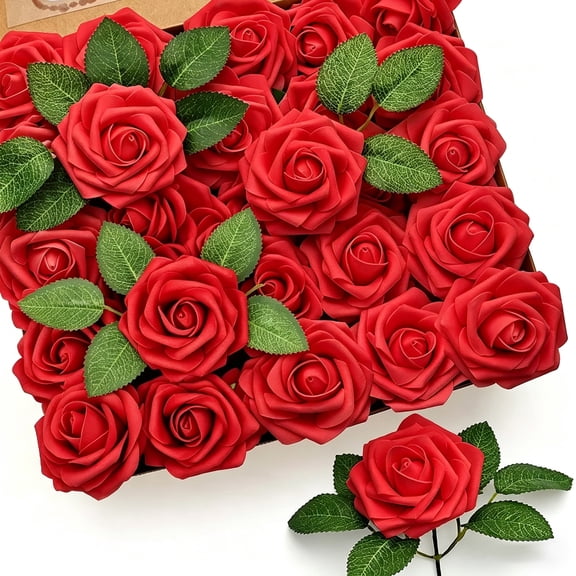 Red Roses Artificial Flowers 50Pcs with Stems & Leaves, Real Touch Fake Foam Flowers for Valentine’s Day, Wedding Bouquet, Centerpieces, Party Table Decor & Romantic Home Decoration