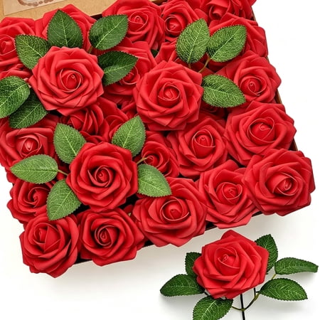 Red Roses Artificial Flowers 50Pcs with Stems & Leaves, Real Touch Fake Foam Flowers for Valentine’s Day, Wedding Bouquet, Centerpieces, Party Table Decor & Romantic Home Decoration