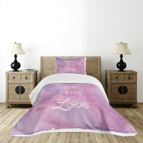 Ambesonne Live Laugh Love Quilted Bedspread Set 2 Pcs, Dreamy Positive, Twin Size, Pale Pink Lavender White