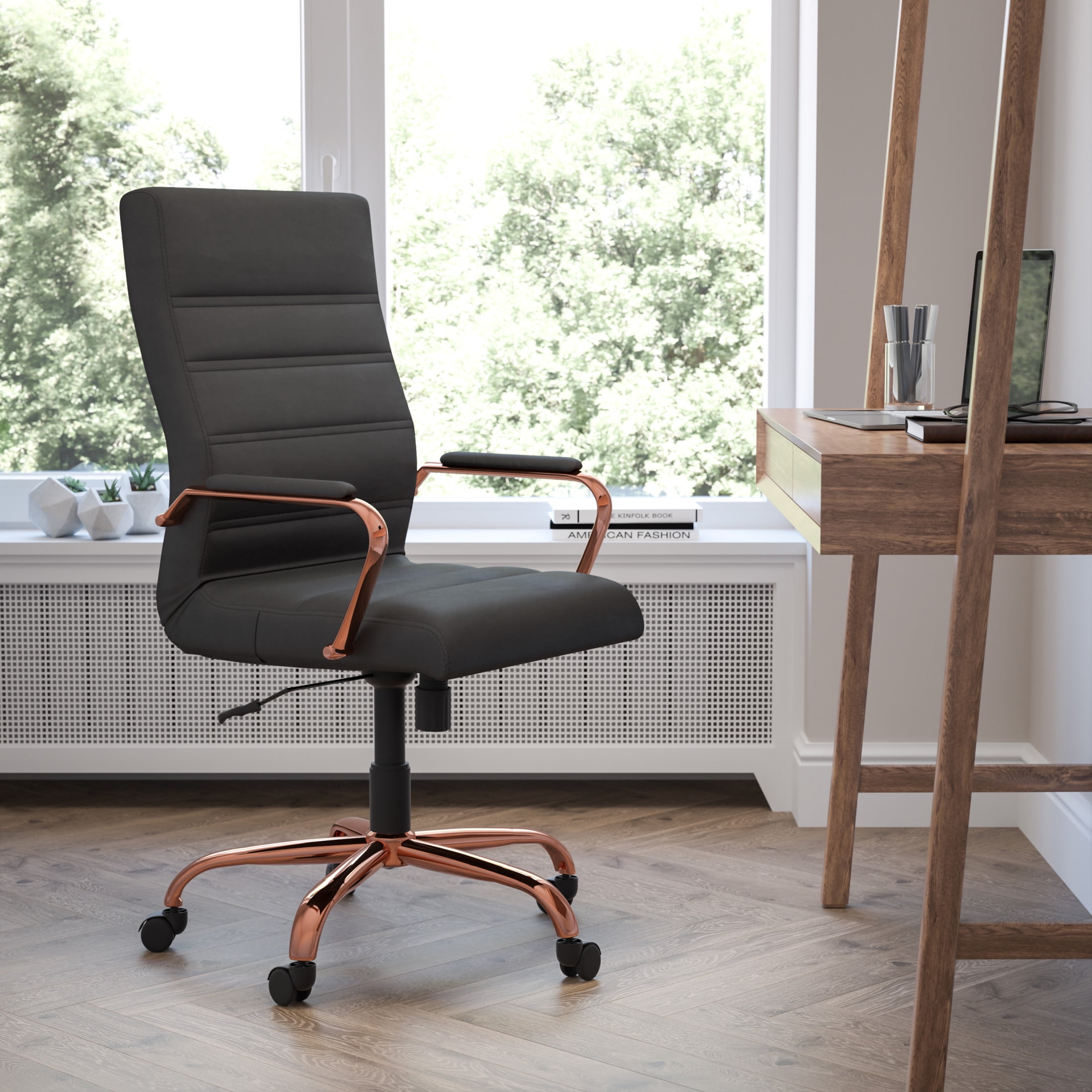 Flash Furniture Whitney High-Back Swivel LeatherSoft Desk Chair with Armrests, Black/Rose Gold