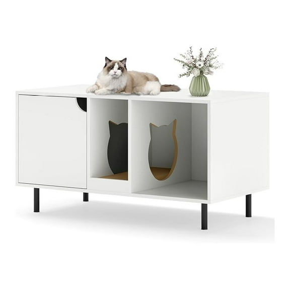 Double Litter Box Enclosure, 40 Inch Cat Washroom with Detachable Scratching Board, Metal Legs, Indoor Pet House End Side Table, Cat Litter Box Furniture for 2 Litter Box (White)