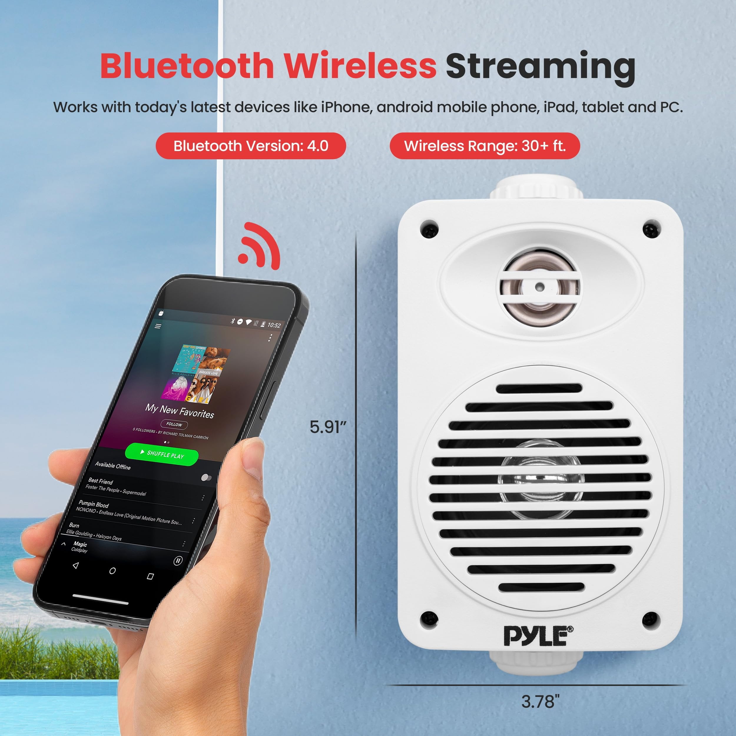 3.5” 2-Way Indoor/Outdoor Bluetooth Speaker System - 1/2” High Compliance Polymer Tweeter (White)
