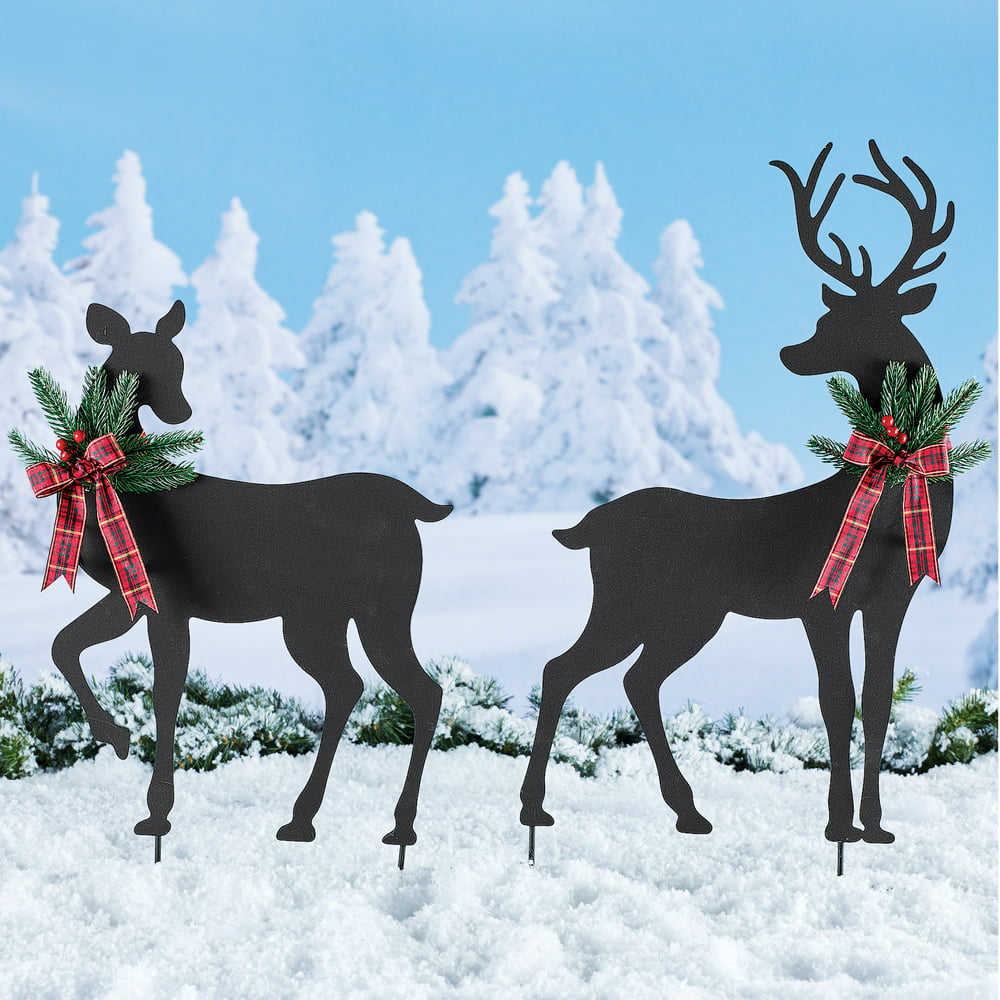 Silhouette Deer Metal Seasonal Yard Stakes with Plaid Bows - Set of 2 ...