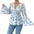 thumbnail image 3 of Blusa con Estampado Floral para Mujer, Larga, Estilo Babydoll, Escote en V Profundo, Peplum Azul L, 3 of 9