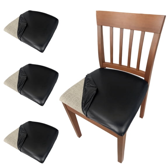 4 Pack PU Leather Dining Chair Seat Covers, 100% Waterproof Stretch Wipeable Chair Seat Protectors for Kitchen & Dining Room