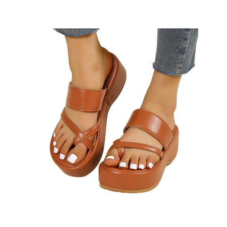 

SIMANLAN Ladies Flip-flops Slip On Slides Summer Platform Sandals Women Solid Color Slippers Womens Beach Casual Shoe Dark Brown 5