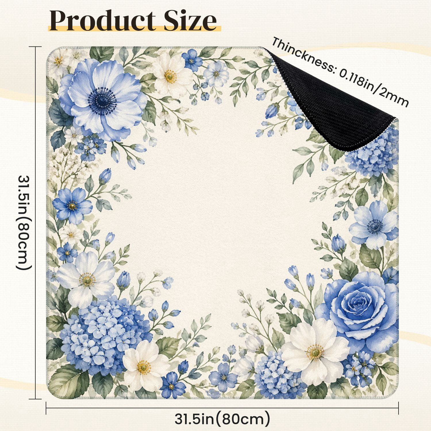 Mahjong Mat 31.5" x 31.5" Blue White Floral Watercolor Frame Roses Hydrangeas Anemones Non-Slip Noise Reduction Mahjong Tiles Table Cover for Dominoes Poker Card Board and Tile Games