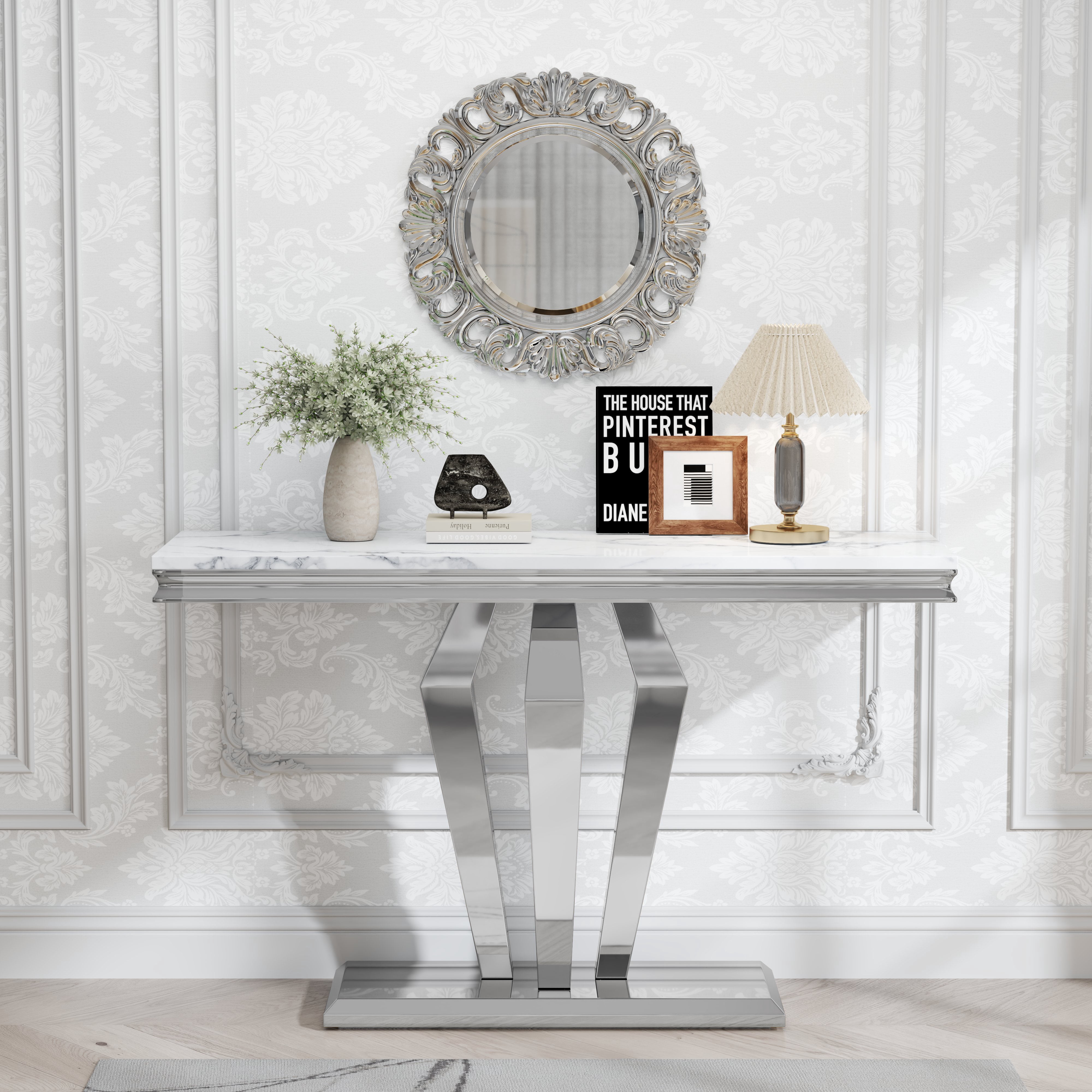 47" Modern Faux Marble Console Table, Rectangular Top & Diamond-Shaped Stainless Steel Base, Narrow Entryway Table for Entrance, Hallway, Foyer, or Living Room