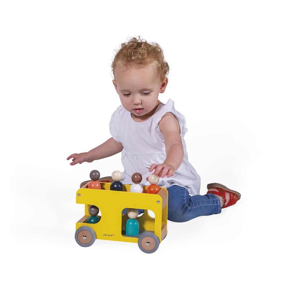 Janod - Bolid Solid Wood School Bus - Silent Wheels - Imagination and Fine Motor Skills - Water-Based Paints - 2 Years + - Yellow - 346355.