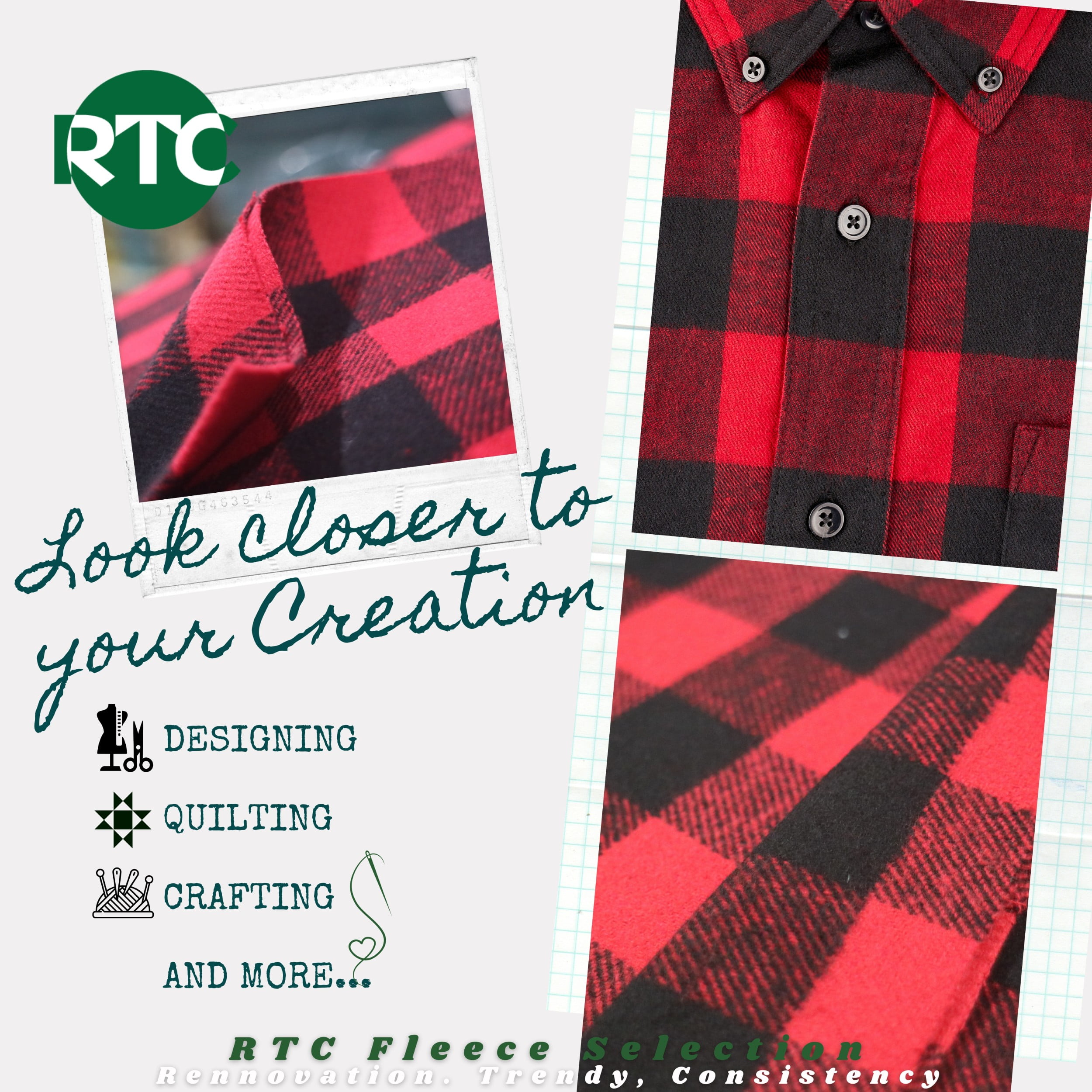 RTC Fabric 100% Cotton 44 inch, Fleece Fabric, Yarn Dyed, Cut by Yard, Plaid Red Blue