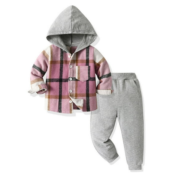 Ydojg Toddler Boys Girls Outfits Plaid Print Gentleman Hooded Casual Outfits Set Hooded Collar Long Sleeve Tops With Pants Fall Winter 2Pcs Clothing Set Pink Size 12-18 Months