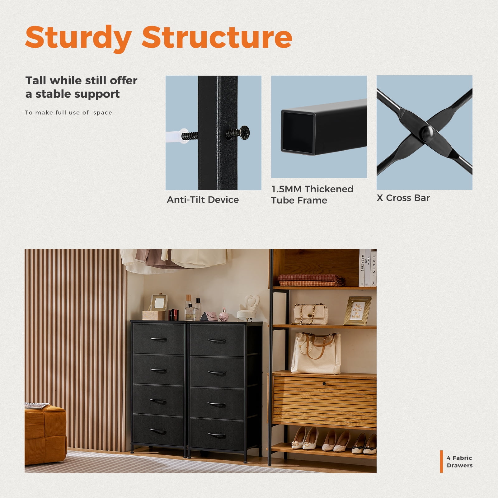 CONCETTA 4 Drawer Dresser, Wide Chest Drawers Nightstand Storage Tower Storage Fabric Dresser With Wood Top for Living Room, Bedroom, Closet, Black