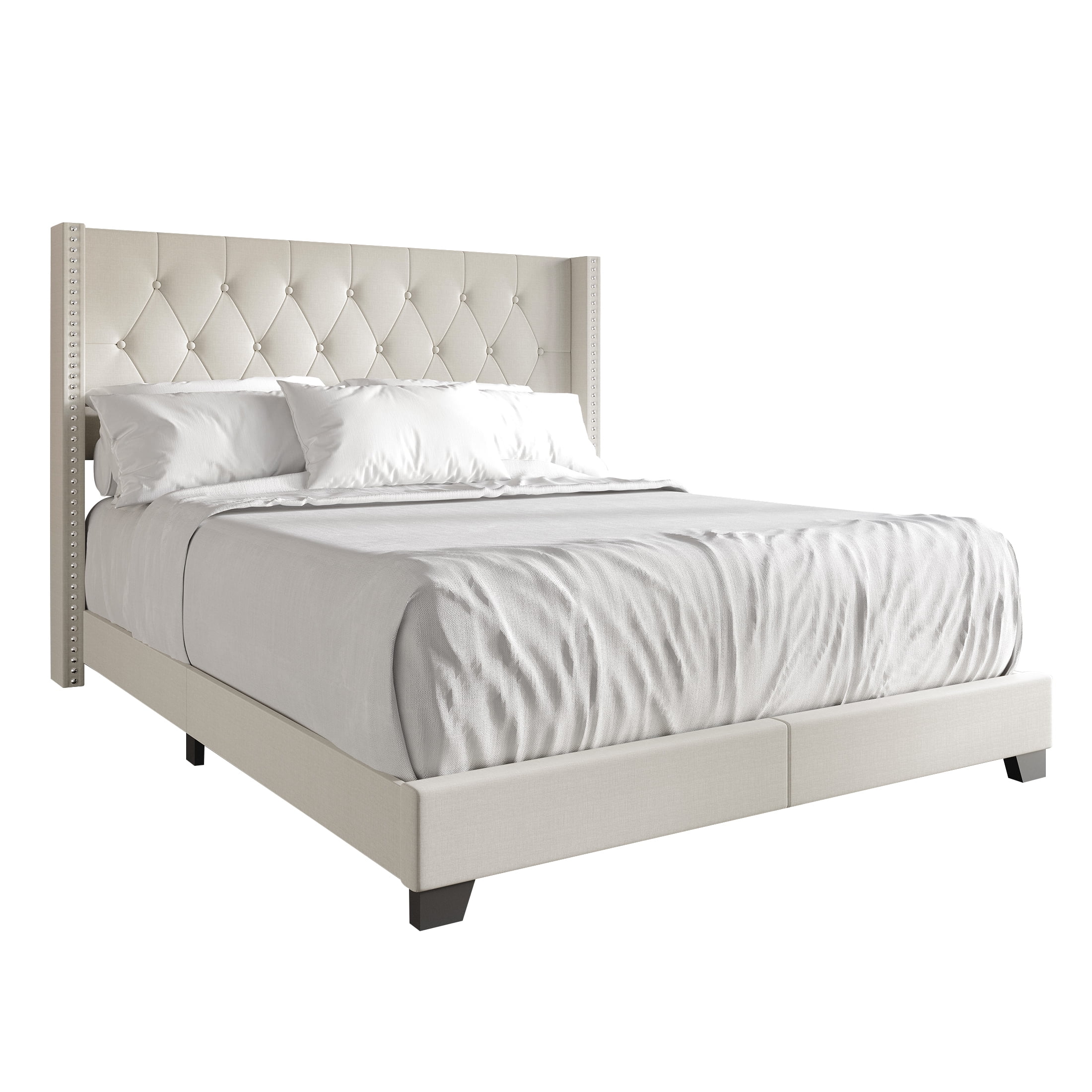 Castle Place Nailhead Trim Wingback Linen Upholstered Bed, Warm Grey , Twin