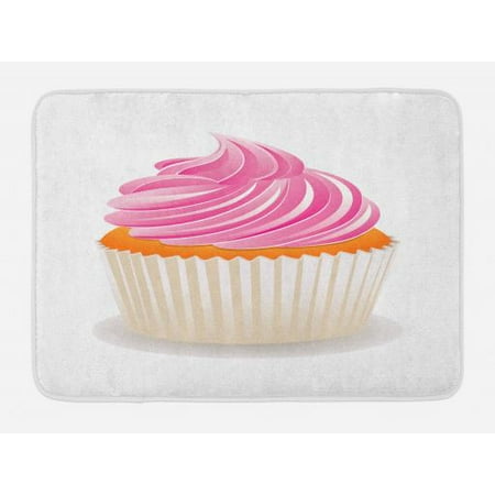 Orange and Pink Bath Mat, Illustration of a Pink Cupcake Celebration Delicious Dessert Baking, Non-Slip Plush Mat Bathroom Kitchen Laundry Room Decor, 29.5 X 17.5 Inches, Pink Orange Cream,