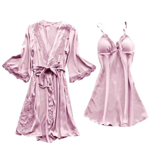 2pcs/set Waist Tie Soft Silky Elegant Lace Loose Lightweight Long Women Robe