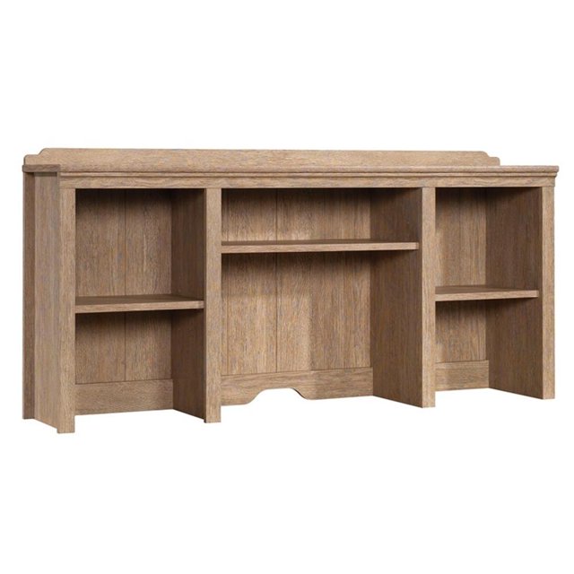 Pemberly Row Engineered Wood 54" Hutch in Brushed Oak Finish. This office hutch features three adjustable shelves and a top surface for additional storage and display. Designed to attach to Credenza 431437 or Writing Desk 431407, it includes a cord management system with a pass-through to reduce clutter. Made of engineered wood, it meets BIFMA standard x5.5 for safety and durability. Dimensions: 25.787" H x 54.016" W x 11.654" D.