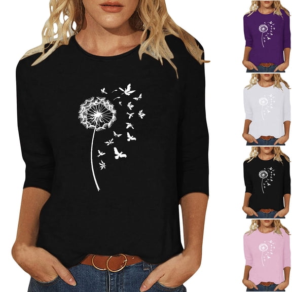 CYMMPU Flower Pattern 3/4 Sleeve Spring Tops Round Neck Loose Fit Fall Trendy Shirts Blouses for Women Dressy Casual Tunic Tops Lightweight Basic Tees XXXXXL