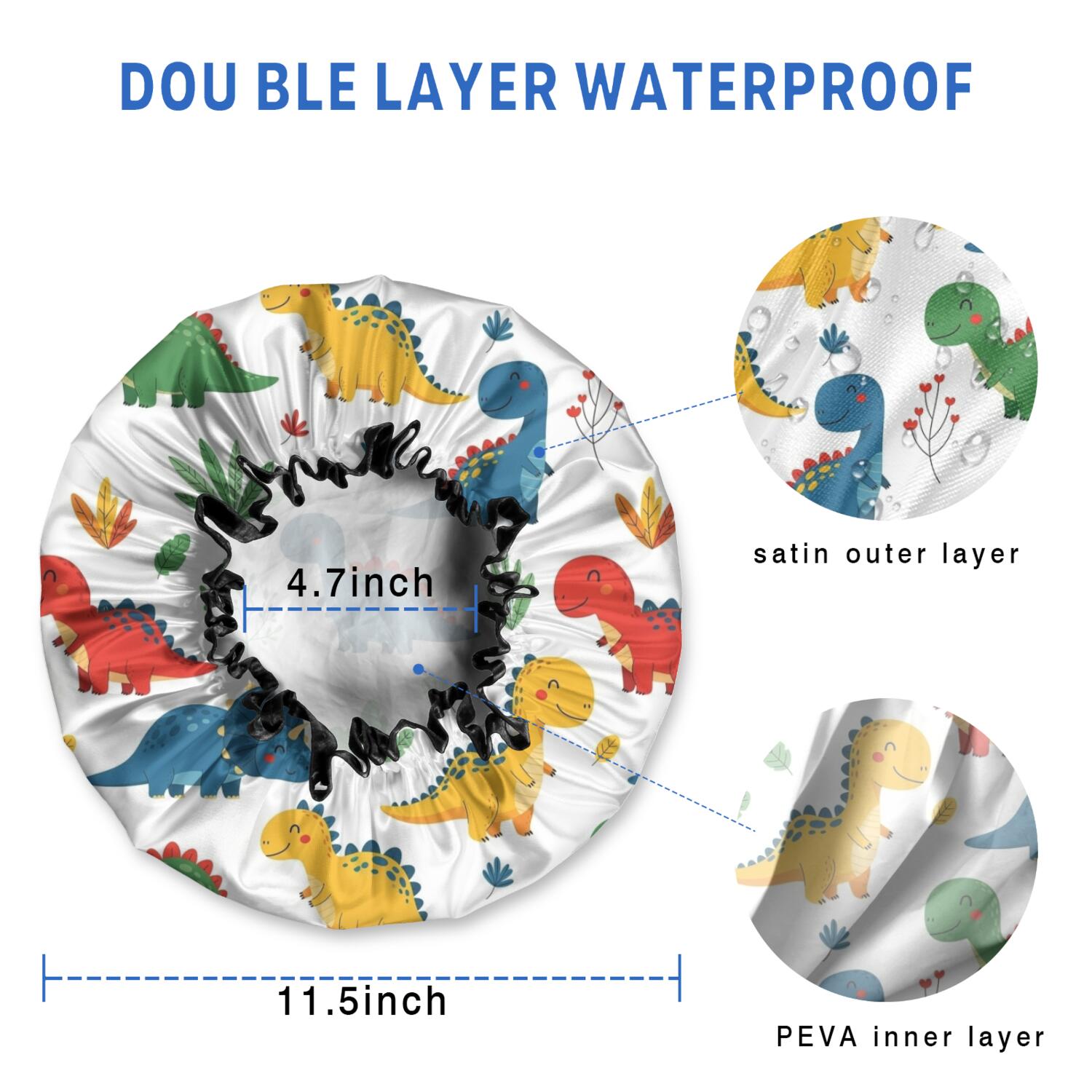 Shower Caps,Colorful Dinosaur and Leaf Pattern Waterproof Shower Cap for Women 4 Pieces,Double Reusable Hair Cover for Shower PEVA Elastic Stretch Hem
