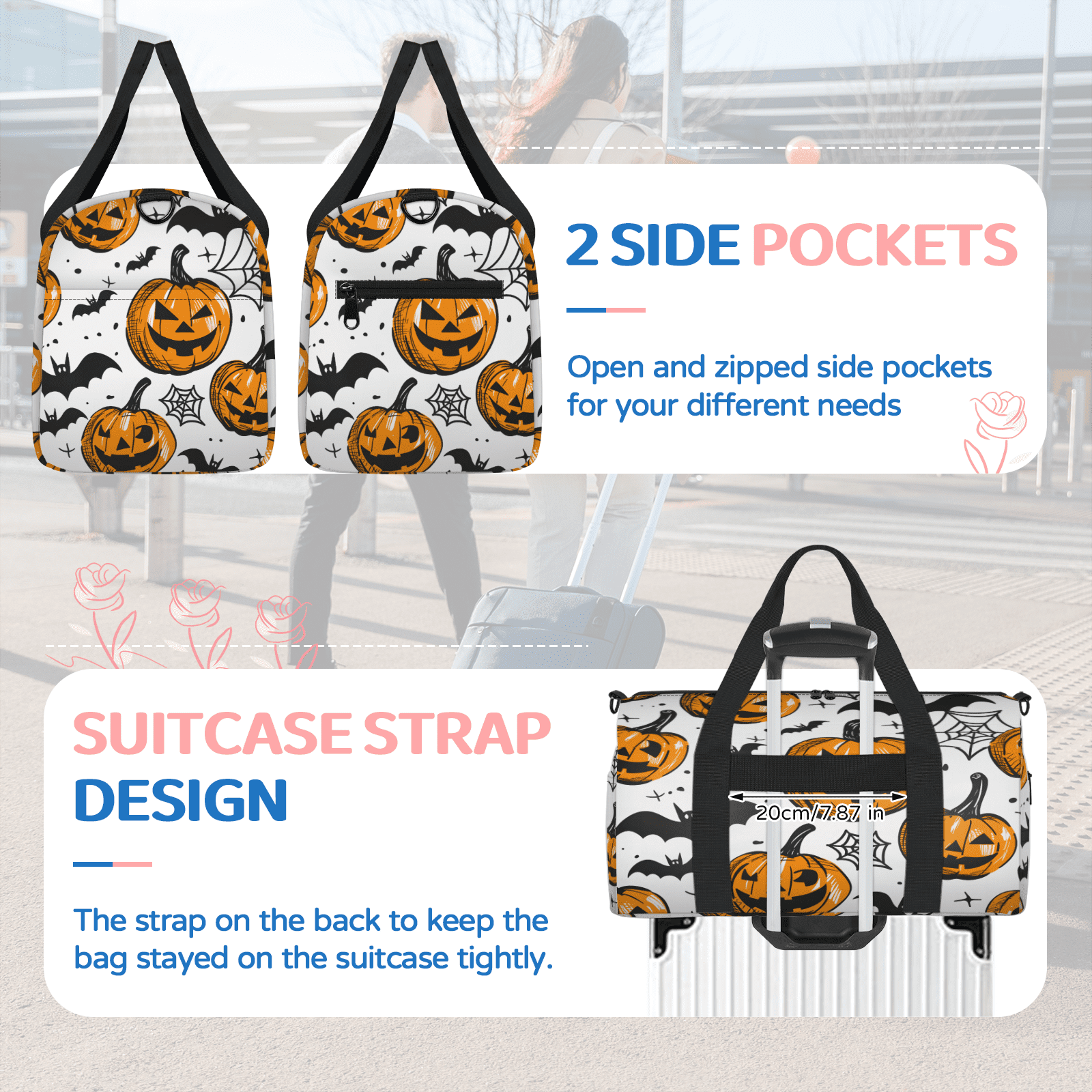 Herdesigns Evil Pumpkin Gym Bag for Women, Duffle Bag for Travel Sport, Halloween Bat Lightweight Waterproof Carry on Weekender Dance Yoga Workout Bags