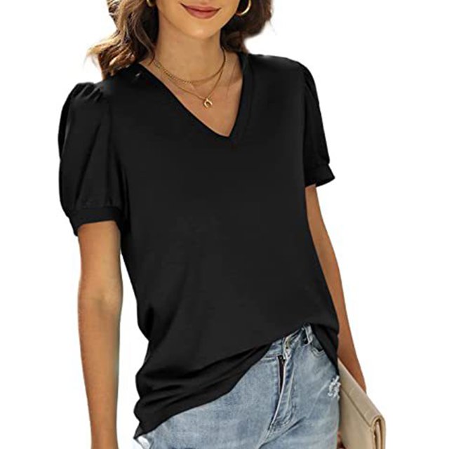 Blusa de manga corta Ticfox color puro con cuello de TV y manga abullonada para mujer