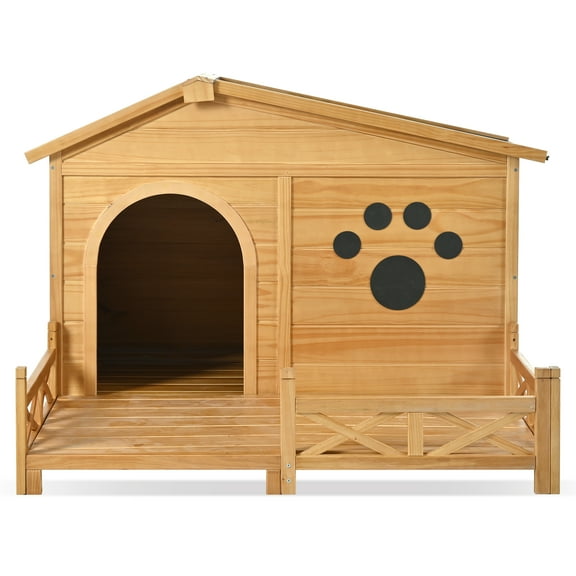 ZephyPaws Wooden Dog House Outdoor with Porch，Indoor & Outdoor Dog Crate with Paw Print,Nature , 48 inch