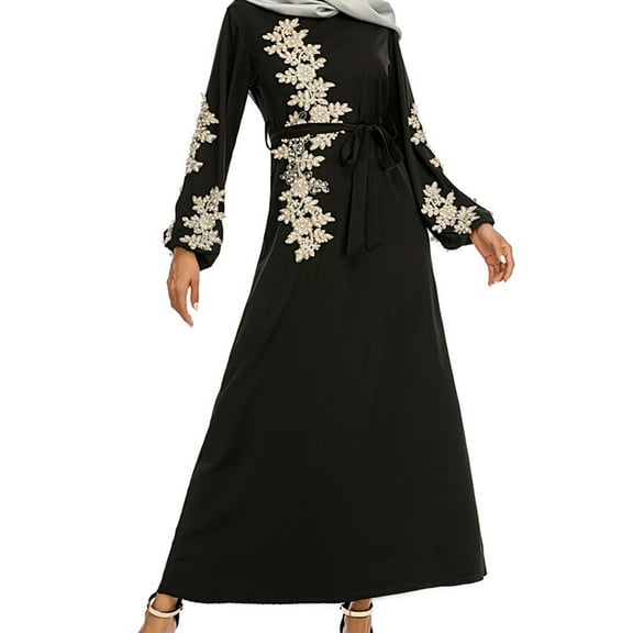 Aellinatey Women Muslim Puff Long Sleeve Maxi Dress Beading Floral Lace Applique Belted High Waist Robe Dubai Abaya Hijab Kaftan