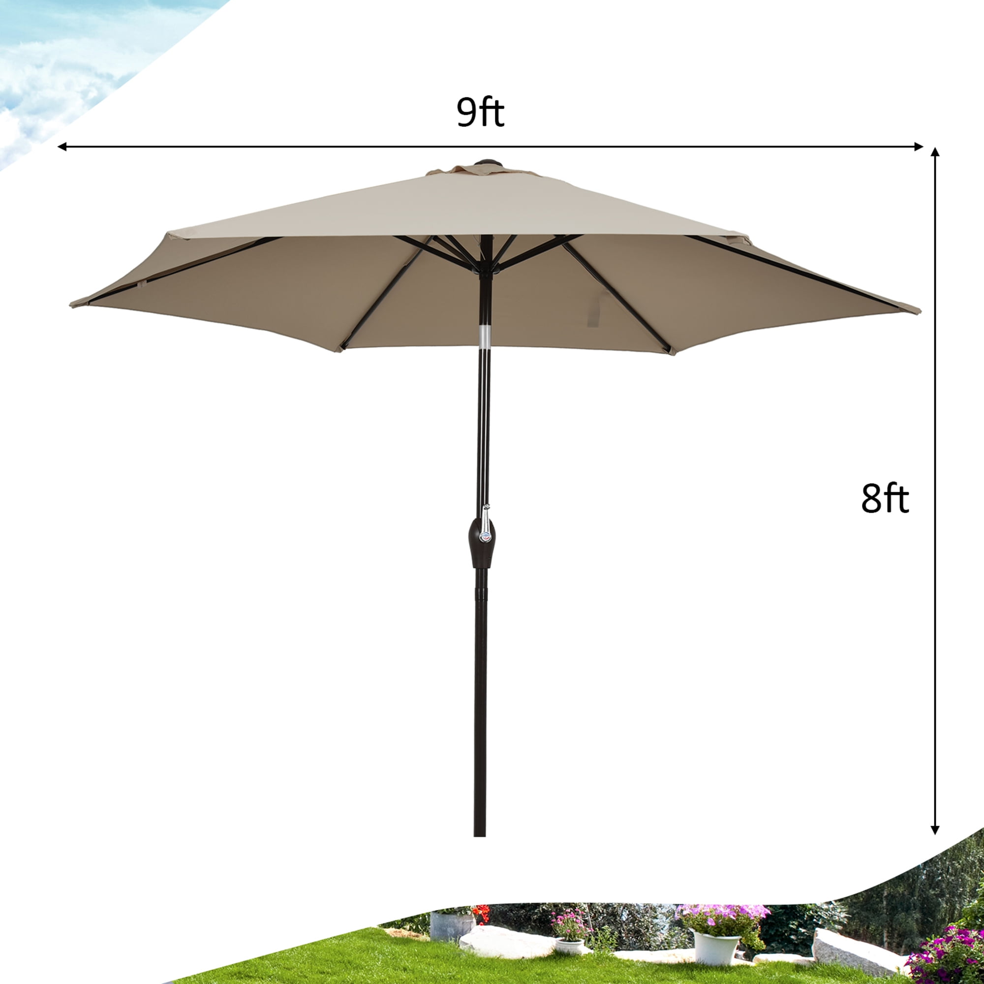 Gymax 9 ft Outdoor Patio Market Table Umbrella Garden Yard w/ Crank 6 Ribsb Tan