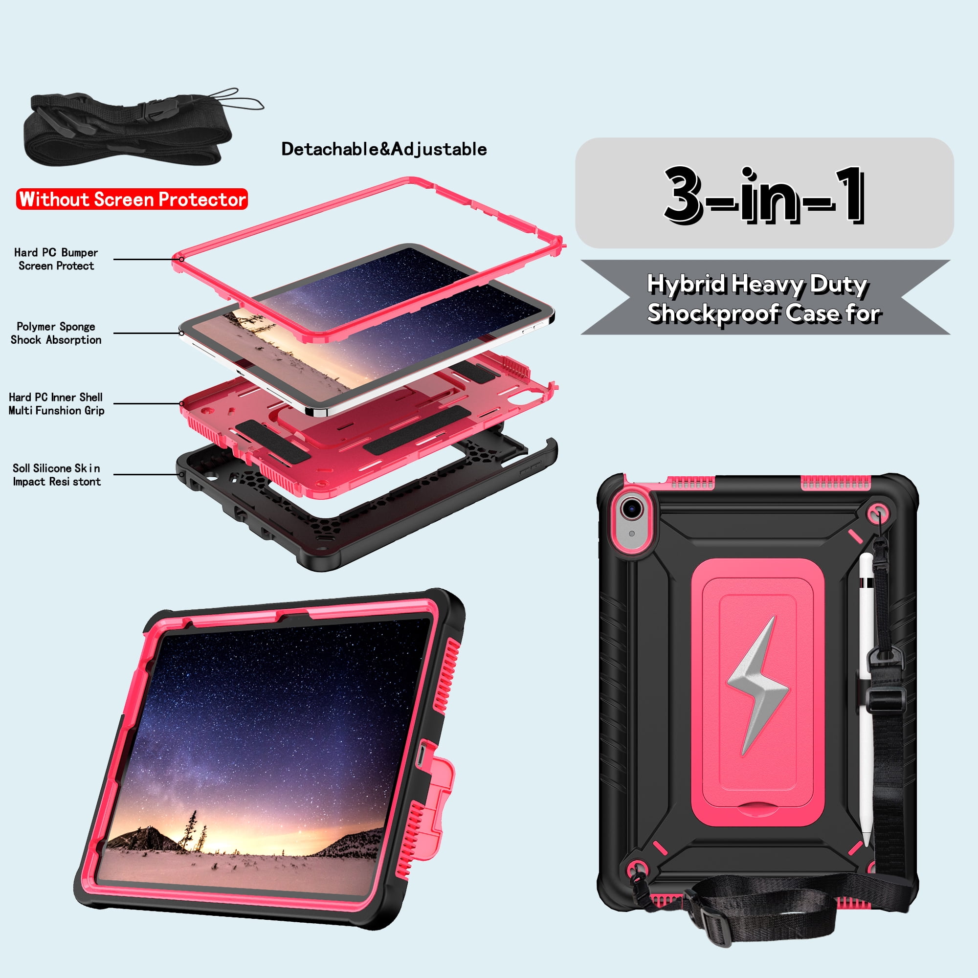 Allytechgroup Heavy Duty Shockproof Case for Apple iPad A16 11th Generation 11" 2025 & iPad 10th Generation 10.9" 2022, Tablet Case with Kickstand, Pencil Holder, Strap Kids Friendly Cover,Blackrose