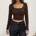 thumbnail image 2 of UJNDER Women's Long Sleeve Crop Tops Square Neck Solid Color Pullover for Casual Streetwear and Everyday Comfort Coffee Brown, 2 of 5