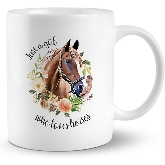 Just A Girl Who Loves Horses 11 Ounces Ceramic Mug Cup, Floral Horse Coffee Tea Mug Cup, Gifts for Horse Lovers Horse Riders Girls Women