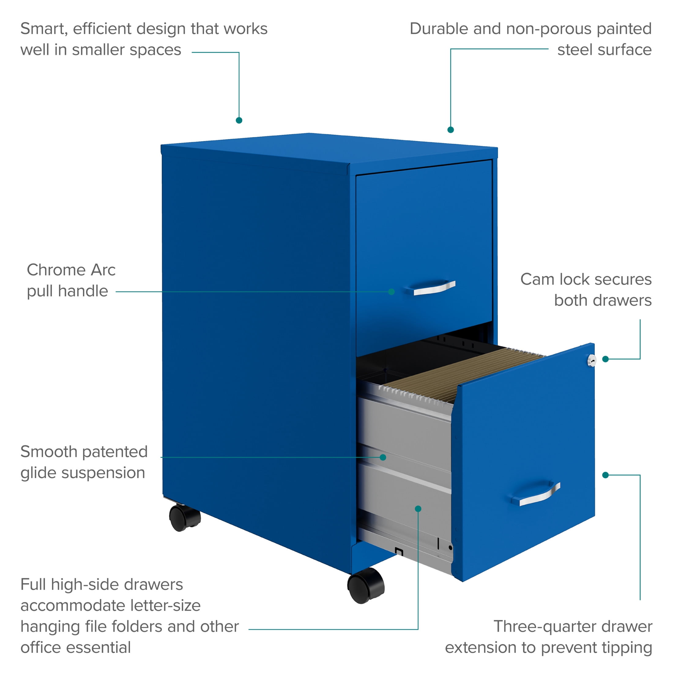 Space Solutions 18" Deep 2 Drawer Mobile Letter Width Vertical File Cabinet, Blue