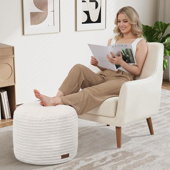 Stuffed Round Pouf Ottoman Foot Rest, Soft Plush Floor Pouf Foot Stool, Corduray Footstool Footrest, Small Round Ottoman for Living Room Couch Sofa Chair, 20x15 Inch Beige
